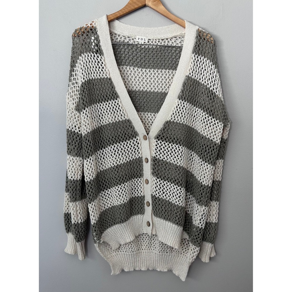 POL Cardigan Womens Large Green Striped Open Knit Crochet Mesh Boho Lightweight